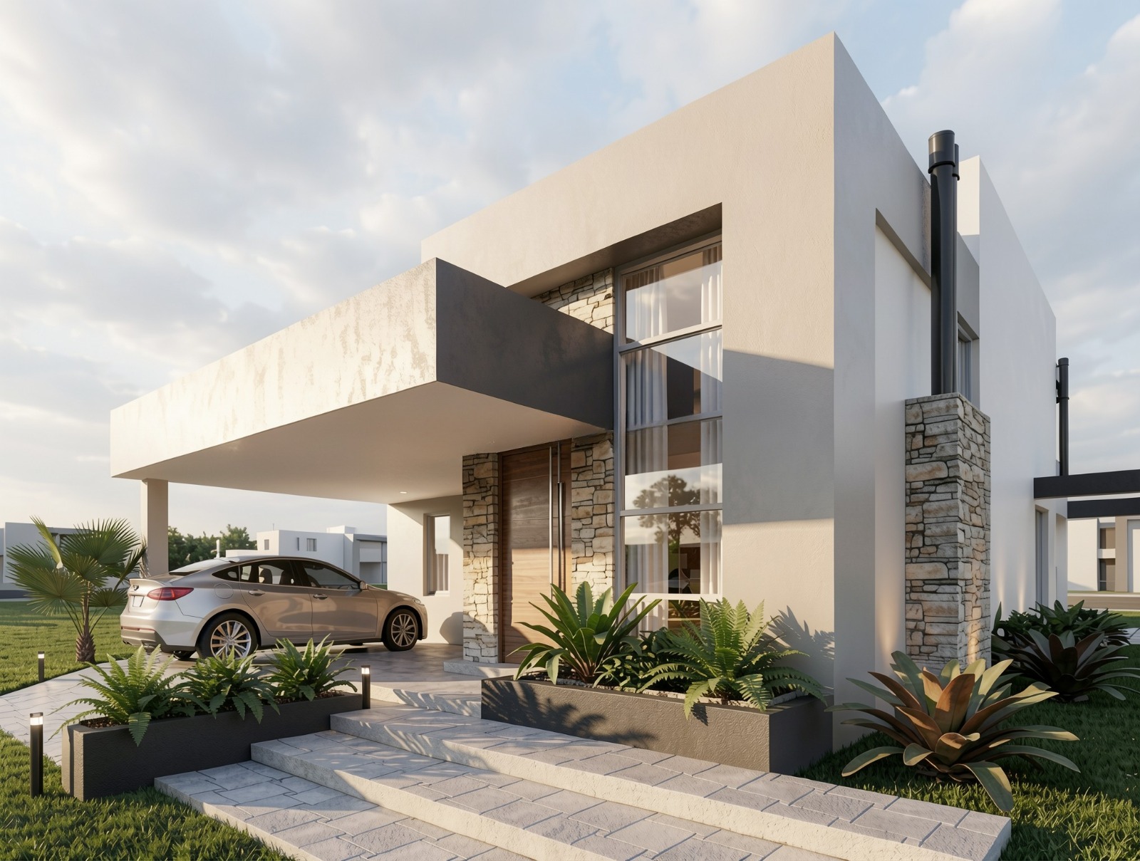 Propuesta de vivienda contemporánea con hormigón, piedra y amplios ventanales